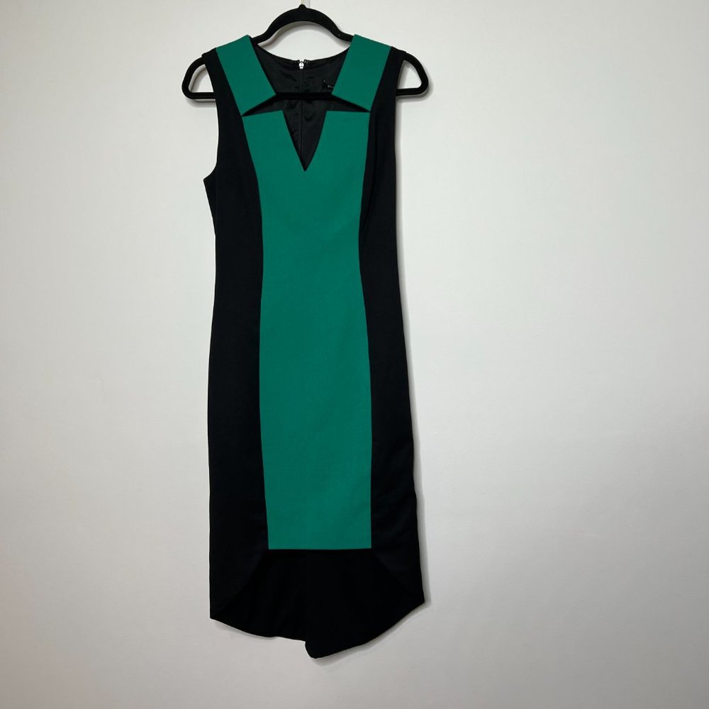 Black Halo Womens Black Green Deep V Neck Sleeveless Hi Low Dress Size 4
